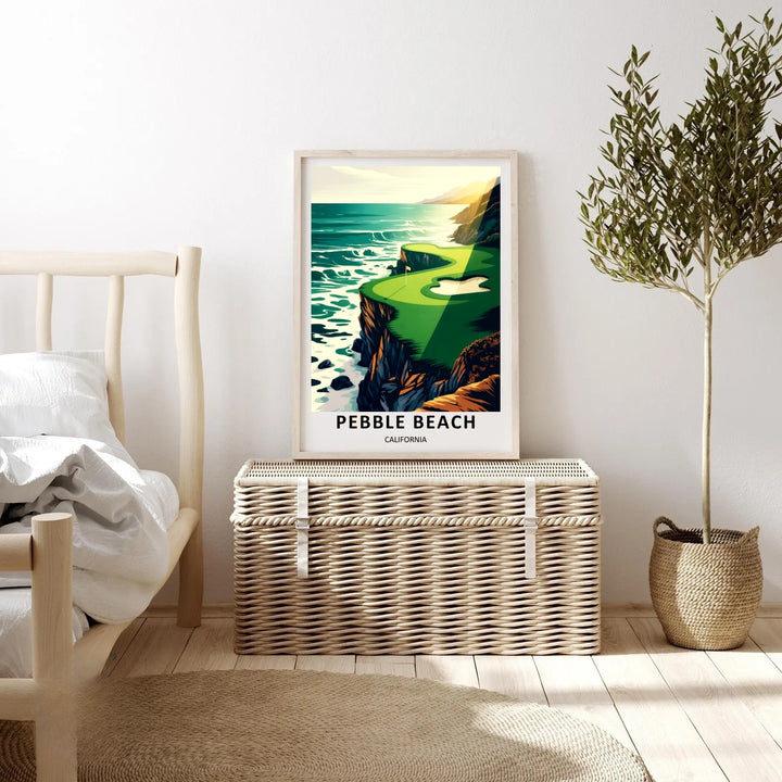 Elegant office wall decor poster displaying a stylized vector graphic of Pebble Beach links, featuring a calm ocean surf, sweeping green cliff contours, and clean minimalist editorial borders.