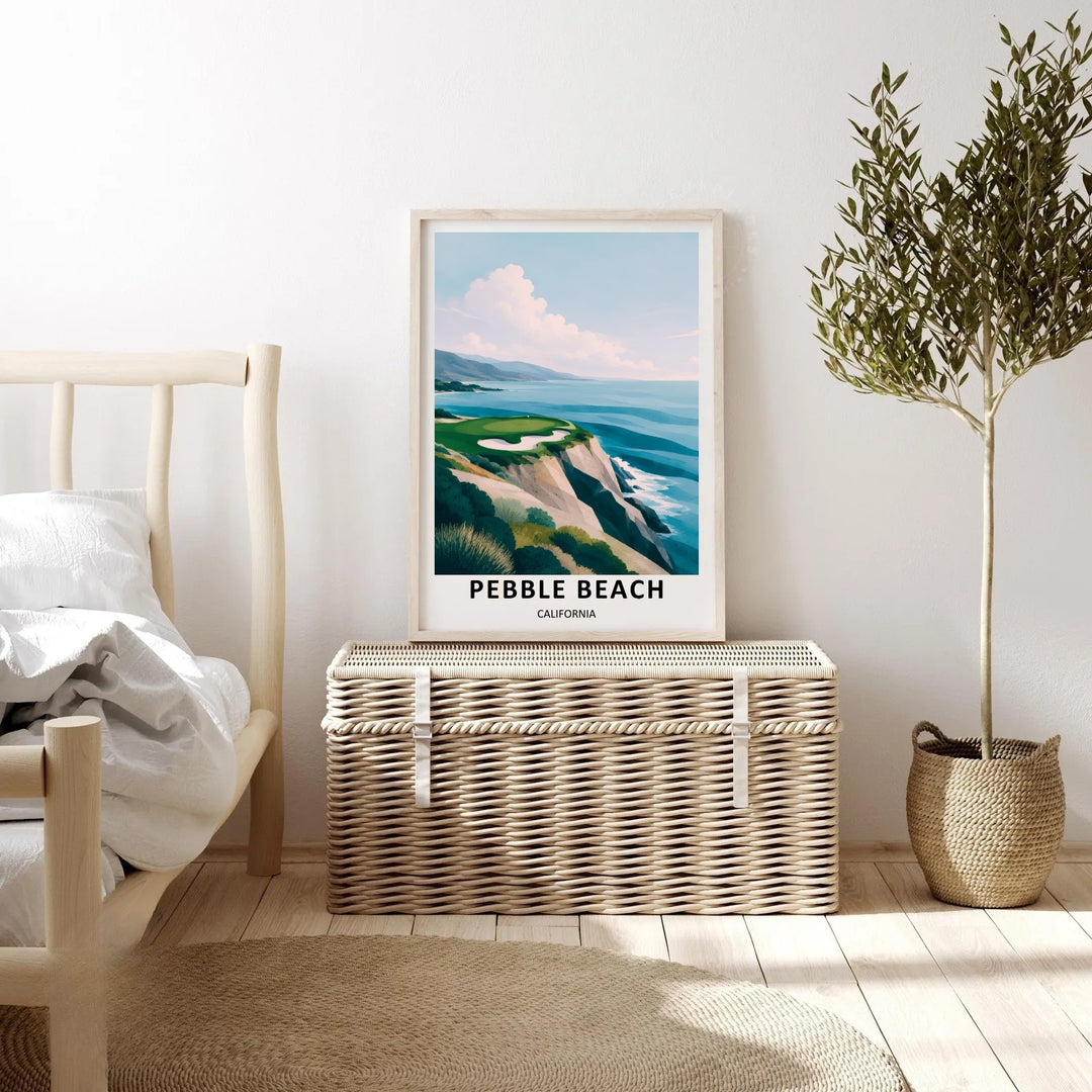 Executive suite sports poster displaying a trend-forward low-poly vector design of Pebble Beach golf club, enclosed in a clean black wooden frame with an elegant, wide white border block.