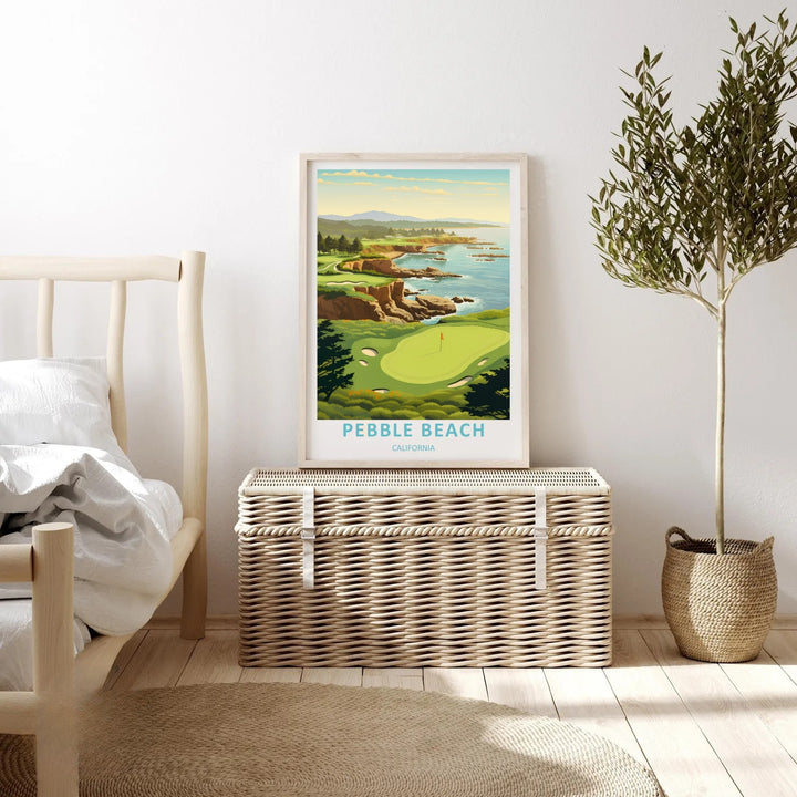 Luxury country club gift print showcasing a beautiful vintage travel graphic of Pebble Beach California, capturing the serene ocean bays, coastal trees, and traditional landscape contours.