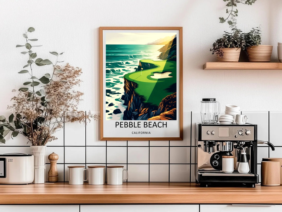 Luxury golf gift artwork illustrating a pristine evening view of the 7th green, showcasing high-contrast rock shadows, rolling ocean foam, and a vibrant sun ray casting over the entire course.