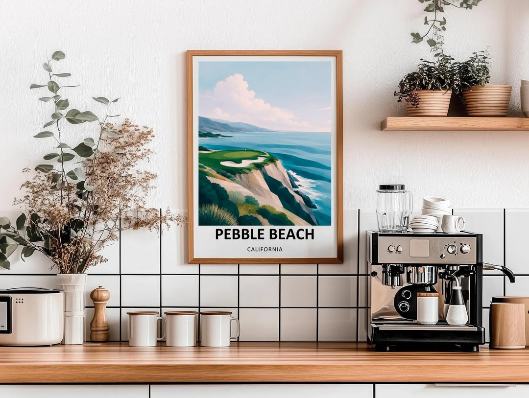 Sophisticated travel graphic of the Pebble Beach coastline, focusing on the stylized architecture of a world-renowned golf green, layered blue wave patterns, and clean typography at the base.