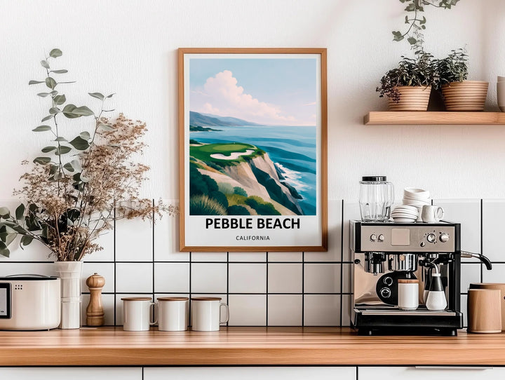 Sophisticated travel graphic of the Pebble Beach coastline, focusing on the stylized architecture of a world-renowned golf green, layered blue wave patterns, and clean typography at the base.
