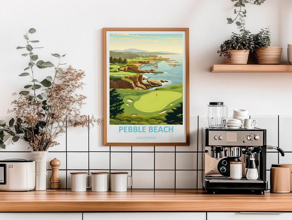 Sophisticated executive office art featuring a stylized vector landscape of Pebble Beach links, focusing on the expansive shoreline, warm golden hour lighting, and clean editorial borders.