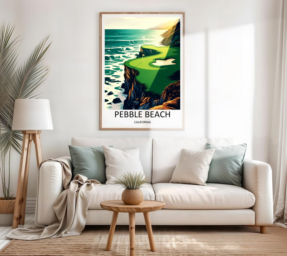 Sophisticated country club wall decor print featuring a beautiful contemporary travel poster design of California, highlighting unique course architecture, deep seaside greens, and earthy tones.