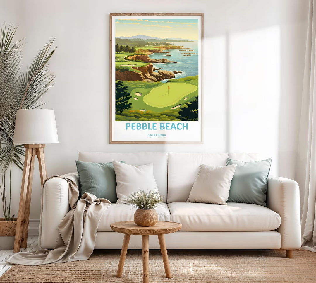A high-quality graphic poster of the Pebble Beach golf club shoreline, focusing on a beautifully curved coastal trail, natural rock arches, warm ochre cliffs, and an upscale gallery feel.