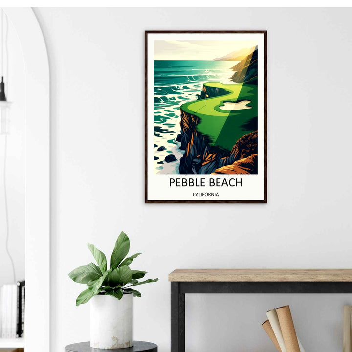 A high-quality graphic poster of a California golf course, focusing on a beautifully curved cliff fairway with a minimalist sand bunker, deep rock shadows, and a tactile vintage print texture.