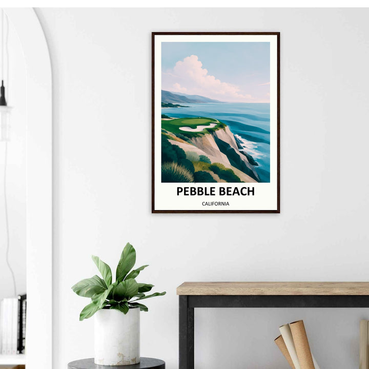 High-end Pebble Beach golf landscape print emphasizing clean 3D vector shading on coastal drops, a distinct circular putting green with a flag, and a beautifully curved white sand bunker.