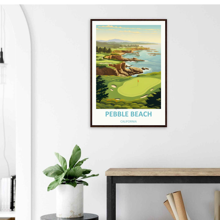 Home bar sports print showcasing a nostalgic mid-century illustration of Pebble Beach fairways, complete with a clean white gallery border and light blue modern typography text layout.
