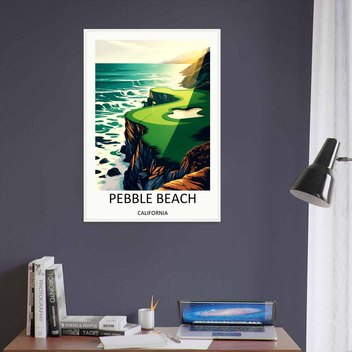 Executive workspace sports print showcasing a retro vintage illustration of Pebble Beach links, complete with a clean white gallery border and bold modern typography layout at the print base.