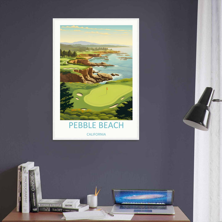 Minimalist heritage wall decor poster with an artistic scenic view of Pebble Beach golf course, highlighting natural earth tones, a distant mountain ridge line, and a clean white border block.
