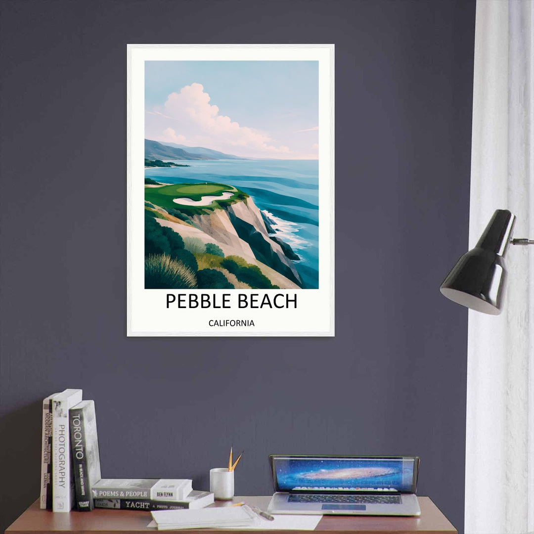 Stylized boutique print capturing a serene, clutter-free view of the Pebble Beach 7th hole using a sophisticated 2026 Scandinavian design palette of soft earth and deep ocean teals.