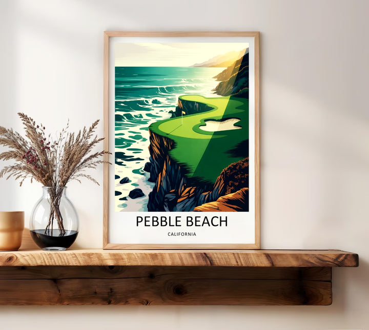 Stylized boutique print of Pebble Beach golf club, capturing a quiet evening perspective of the sea, cliffs, and fairway using a clean and trend-forward 2026 Scandinavian minimalist aesthetic.