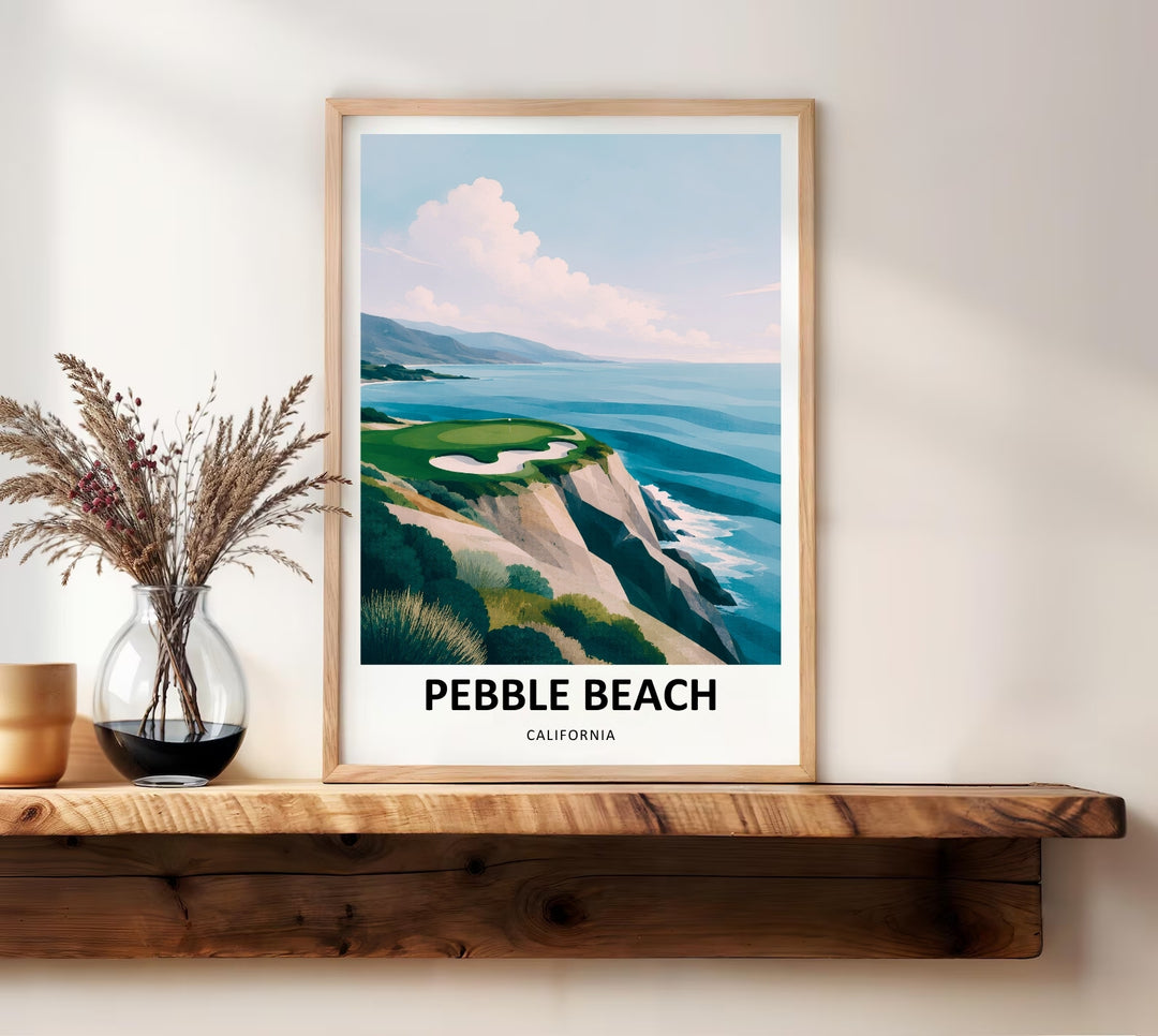 Minimalist office wall art featuring an artistic interpretation of Pebble Beach links where sharp polygonal rock textures meet a wide teal Pacific ocean under a clear, bright afternoon sky.