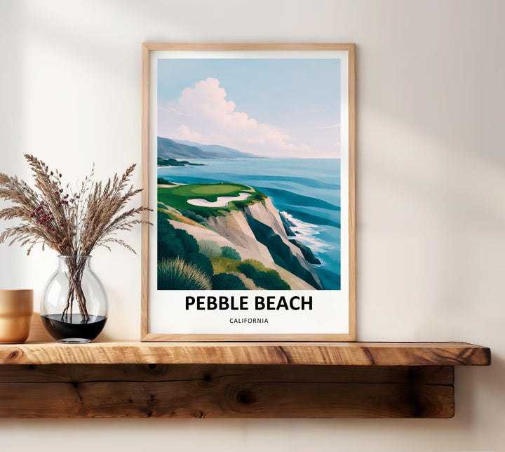 Minimalist office wall art featuring an artistic interpretation of Pebble Beach links where sharp polygonal rock textures meet a wide teal Pacific ocean under a clear, bright afternoon sky.