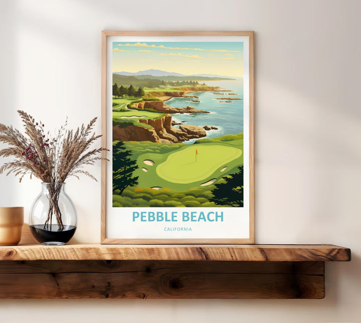 Stylized boutique print of Pebble Beach golf course, capturing a quiet evening perspective of the sea, cliffs, and greens using a sophisticated and trend-forward 2026 transitional home aesthetic.