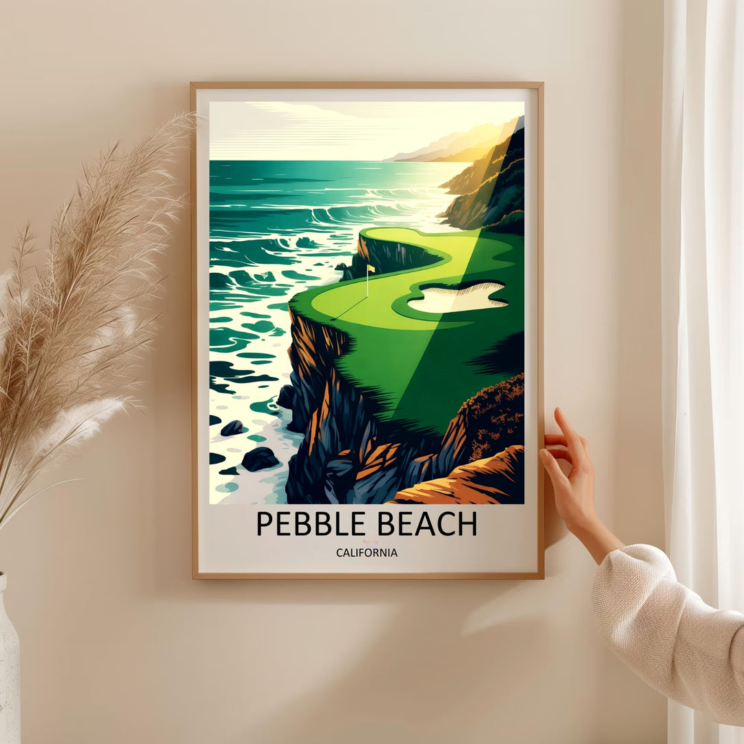 Framed golf course artwork capturing a clean retro landscape of a historic California course with rolling green grass, a scenic coastline, and bold typography text inside a modern white border.