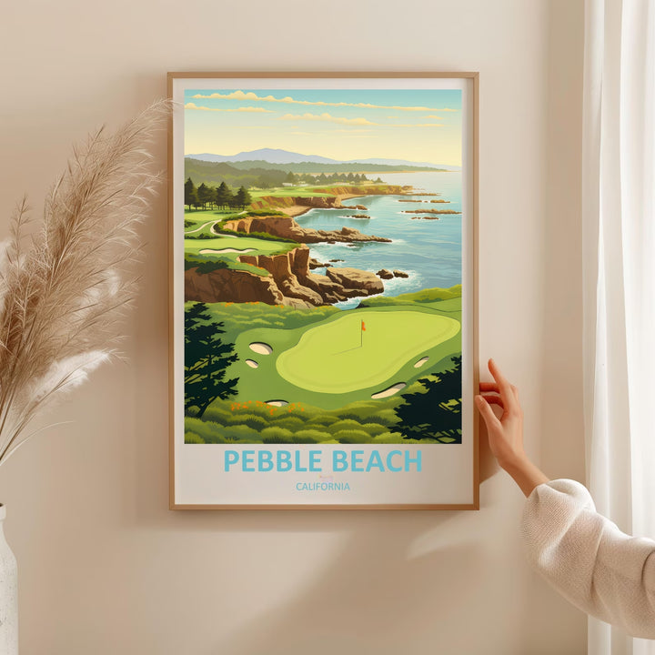 Premium fine art print of the historic Pebble Beach course layout, emphasizing soft atmospheric gradients, stylized trees, rugged seaside bluffs, and premium glare-free archive stock.