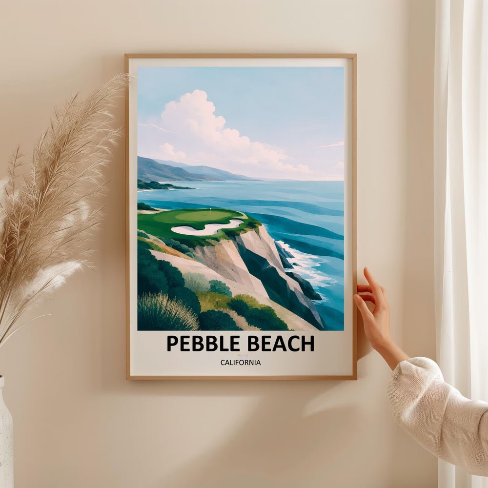 Minimalist sports illustration of the historic Pebble Beach seaside golf layout, showcasing a clean circular putting surface, a sharp stylized bunker, and peaceful layered ocean waves.