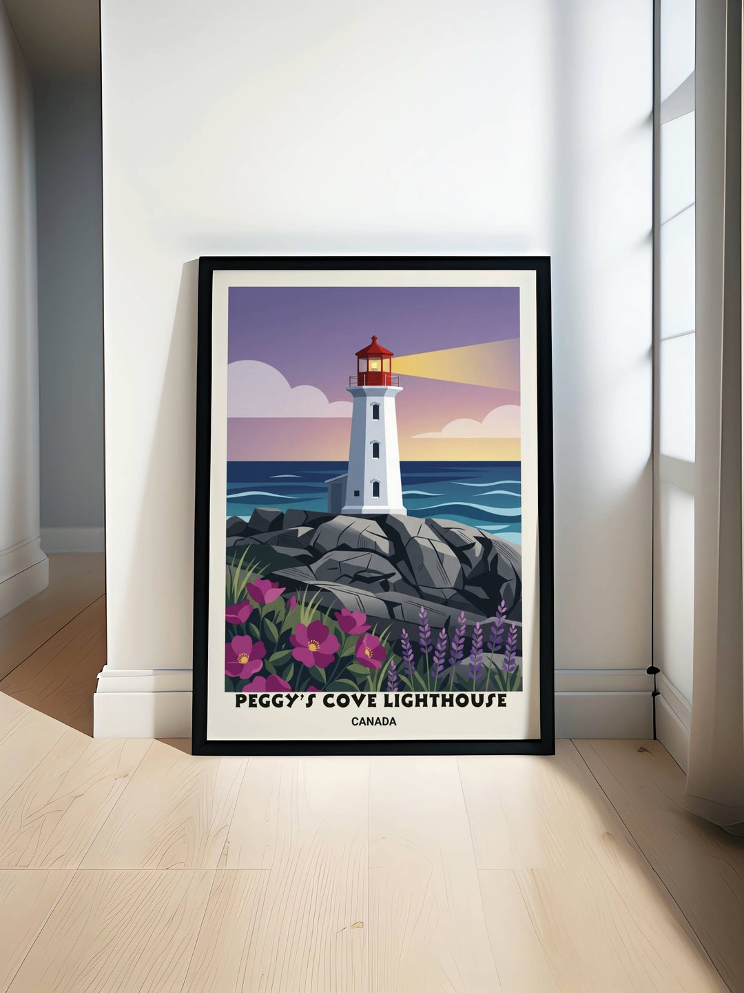 Vertical modern graphic art print of Peggy's Cove Lighthouse in Nova Scotia Canada with a bold red lantern, geometric light beam, and a vibrant purple sunset sky.