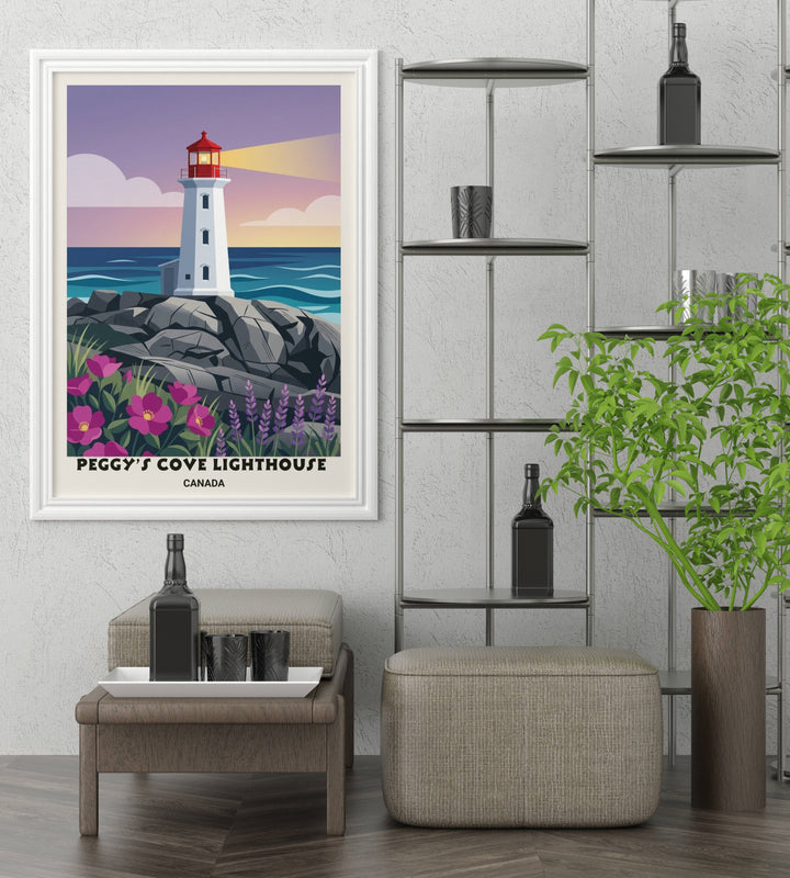 Modern Nova Scotia wall art with a sophisticated palette of navy, red, and lavender, showing the iconic Canadian lighthouse in a high-end graphic design style.