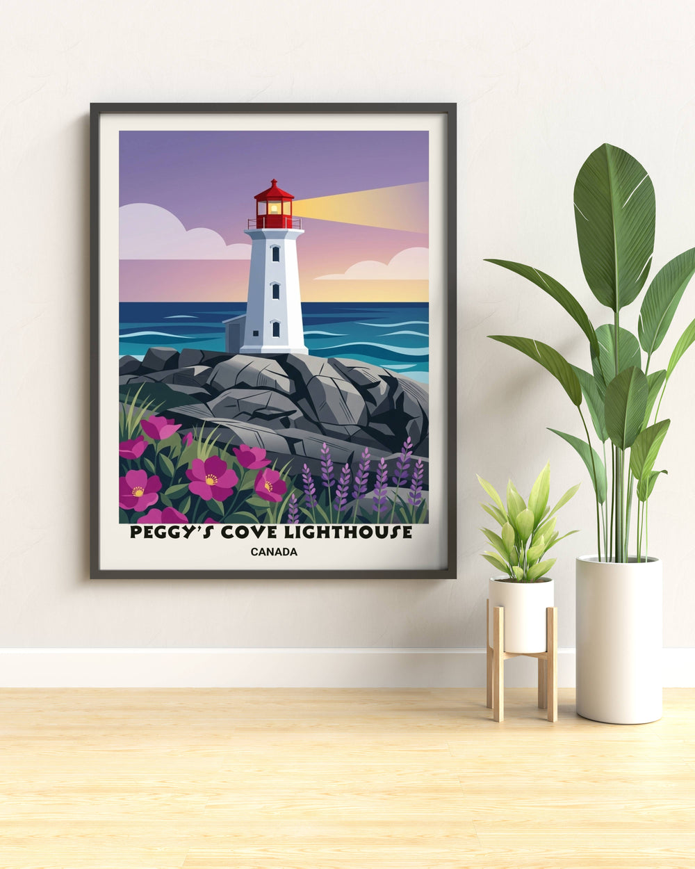 Vibrant landscape art of the Nova Scotia coast focusing on the iconic lighthouse silhouette and stylized natural beauty of the Atlantic flora and rocky shore.