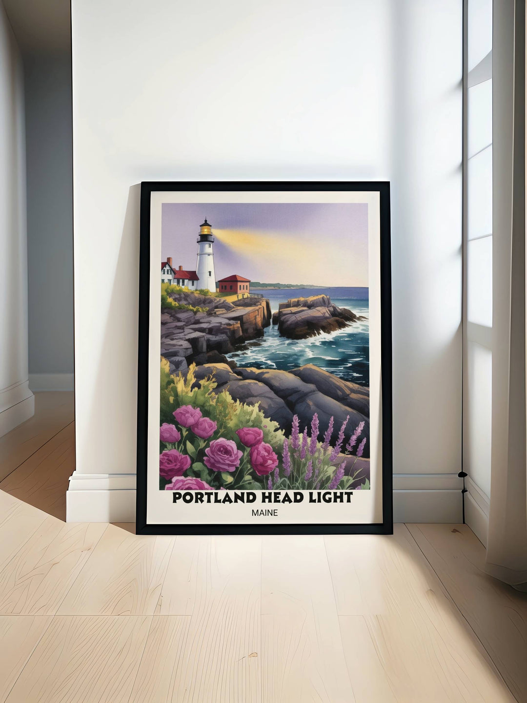 Vertical watercolor art print of Portland Head Light in Maine featuring a luminous golden lantern glow, dark rugged rocks, and vibrant pink beach roses in the foreground at sunset.