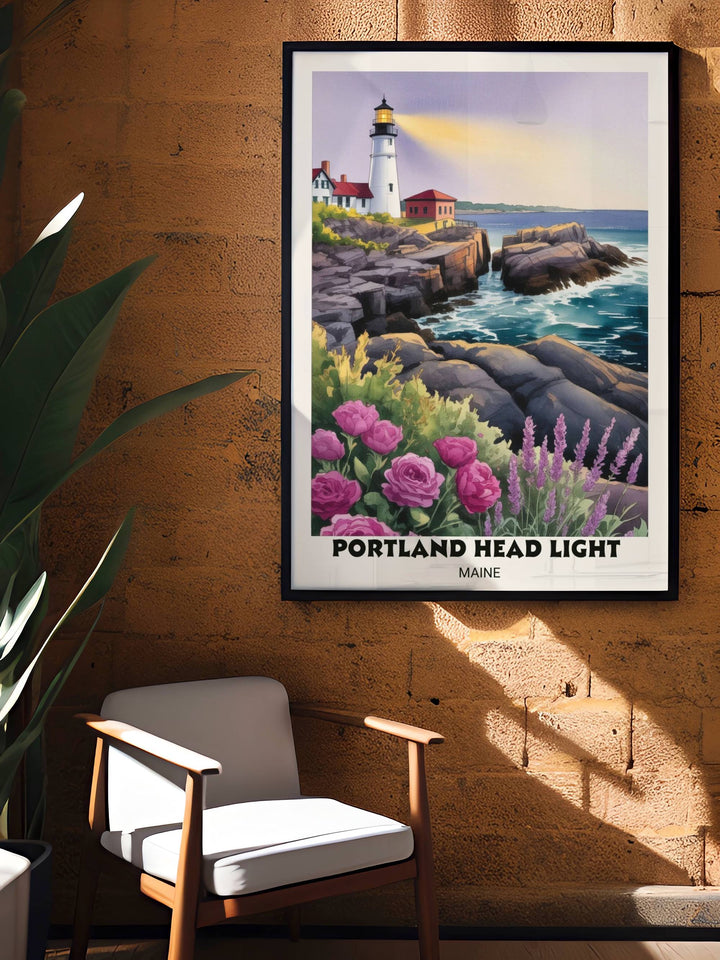 Atmospheric landscape painting of the Portland Head Light on the jagged Cape Elizabeth coast, highlighting the vibrant floral pop of native roses and the deep indigo Atlantic waters.