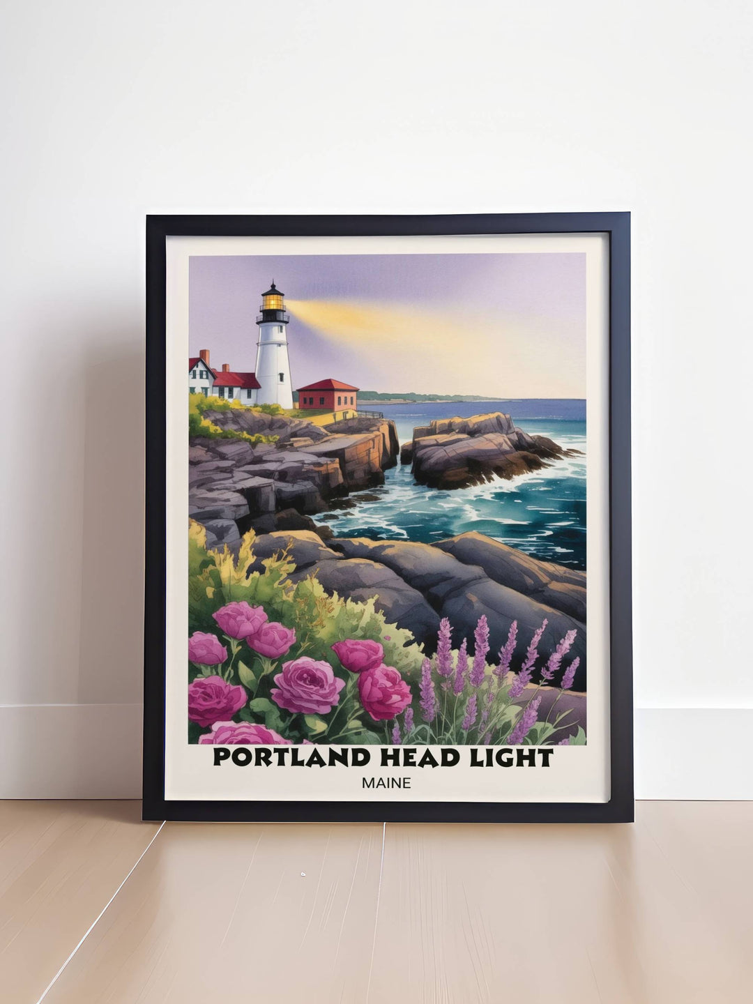 Artistic travel souvenir of Portland Maine featuring the famous historic lighthouse and its glowing beacon, rendered in fluid watercolor washes that emphasize a nostalgic coastal mood.