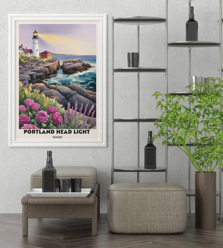 Maine travel poster of the iconic Portland Head Light lighthouse with crashing Atlantic waves and soft purple sky, rendered in a premium luminous watercolor style for home decor.