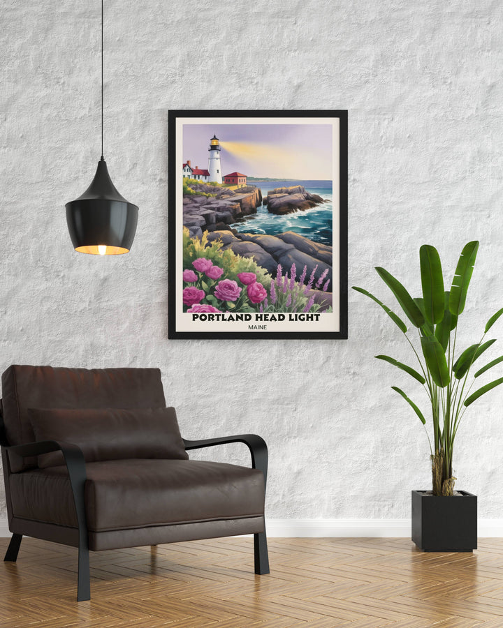 Museum-grade Maine lighthouse print by MapYourDreams, featuring professional giclée textures and sophisticated travel poster design for a high-end interior decor focal point.