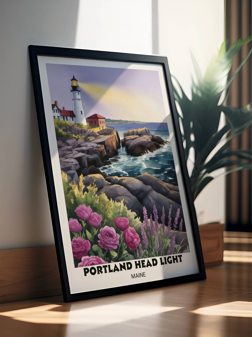 Detailed architectural illustration of the white Maine lighthouse tower against a deep blue coastal calm ocean, framed by lush magenta flowers and sea lavender in Fort Williams Park.