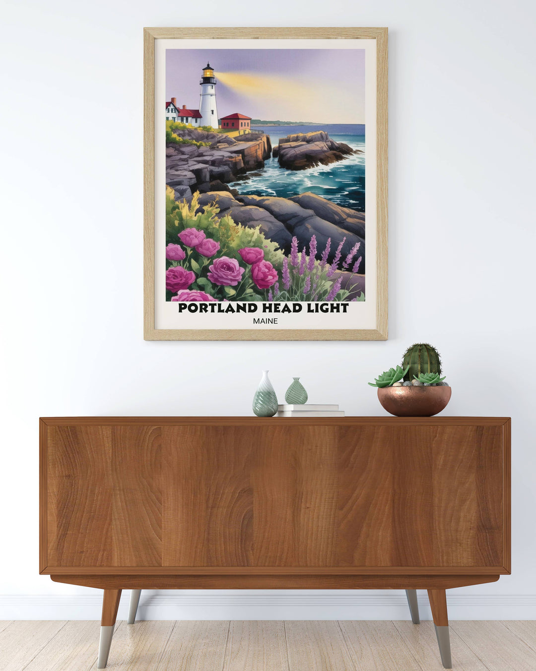Portland Head Light wall art capturing the Fire and Ice contrast of warm lantern light and cool sea foam, featuring traditional coastal Maine architecture in a modern art style.