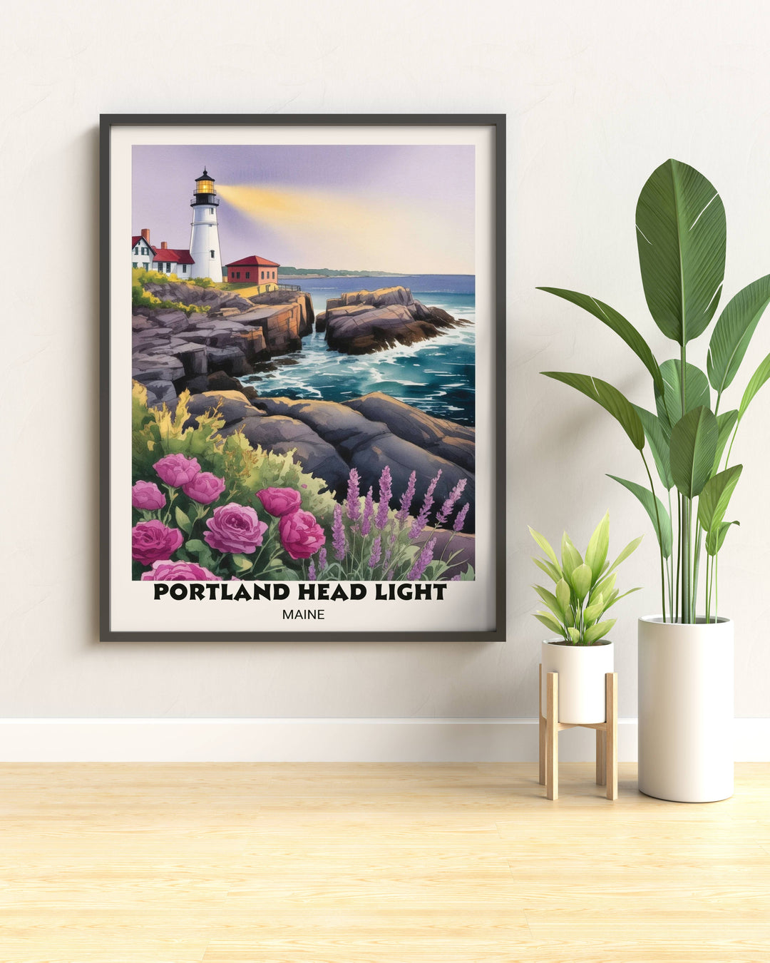 High-quality watercolor poster of a Maine lighthouse with a clean white border and bold serif typography, perfect for a coastal grandmother or nautical-themed gallery wall design.