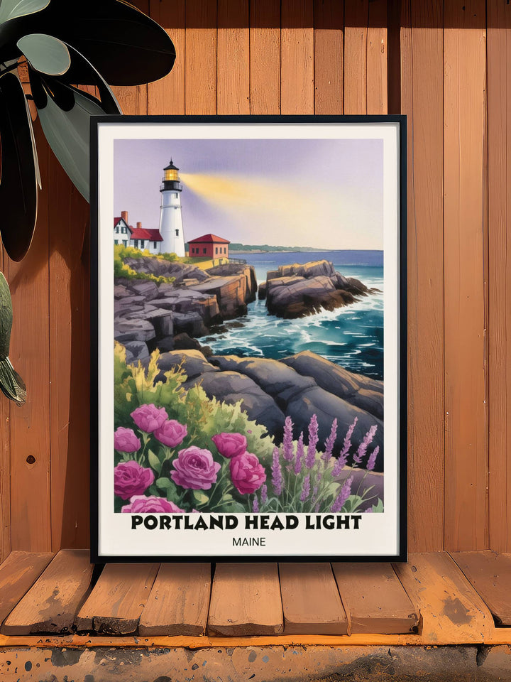 Romantic Maine coastal art print showing the lighthouse at golden hour with soft misty horizon lines and expressive watercolor textures, ideal as a unique New England travel gift.