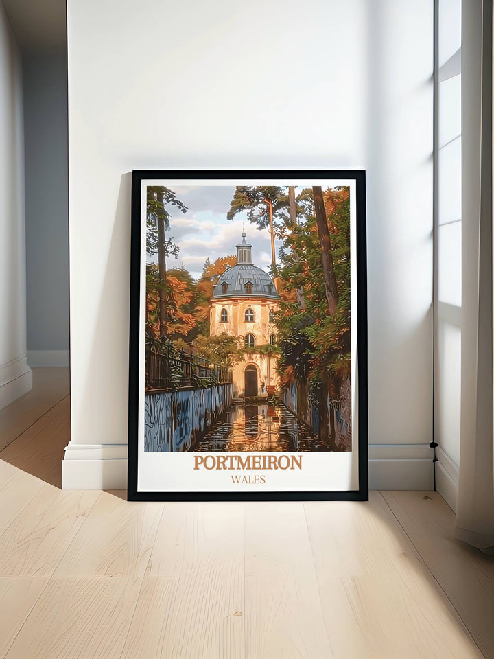 Portmeirion Modern Wall Decor captures the vibrant colors and intricate details of this Welsh village, showcasing its Italianate architecture and lush gardens. Perfect for home living decor and gift for Wales enthusiasts, adding a touch of elegance to any space.