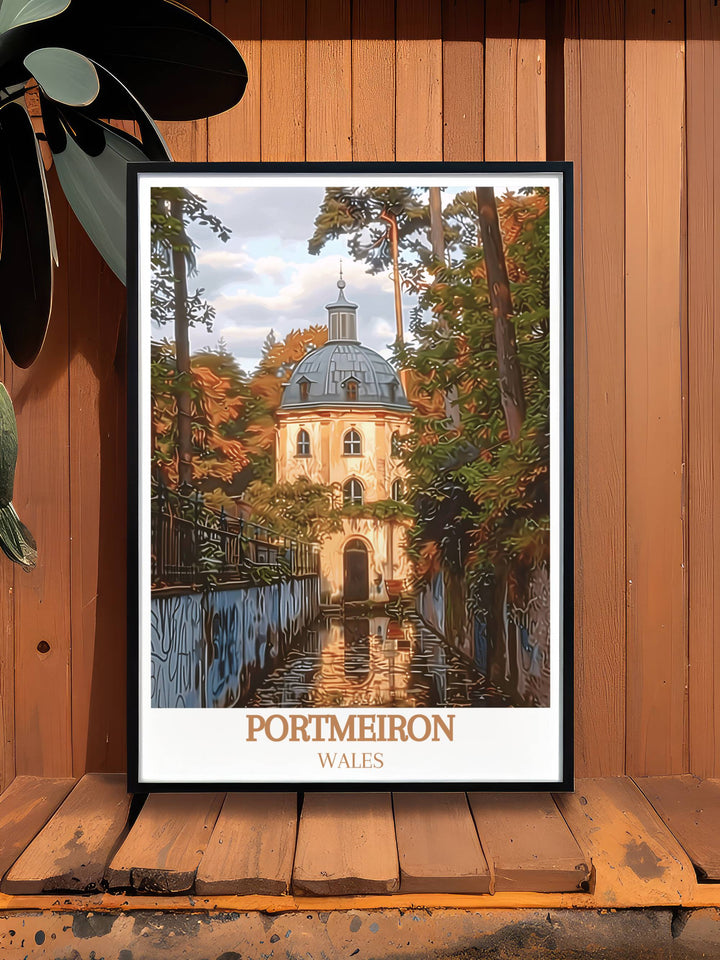 Wales Prints offer a captivating view of Portmeirion, designed by Sir Clough Williams Ellis. These travel posters are ideal for home living decor and make thoughtful gifts for those who appreciate Welsh art.