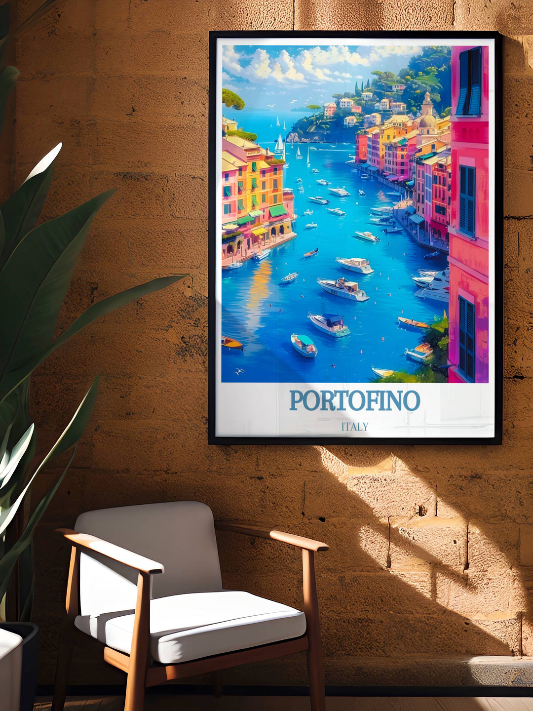 Italian Riviera Travel Poster capturing the picturesque views of Portofino, with vibrant colors and intricate details highlighting the serene ambiance of this iconic location.