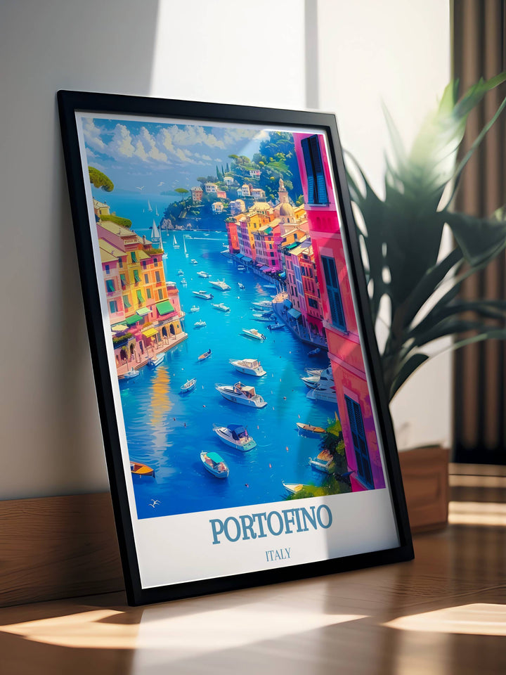 Italy Wall Art piece depicting the timeless beauty of Portofino, with its colorful houses and luxurious yachts, capturing the essence of this enchanting destination.