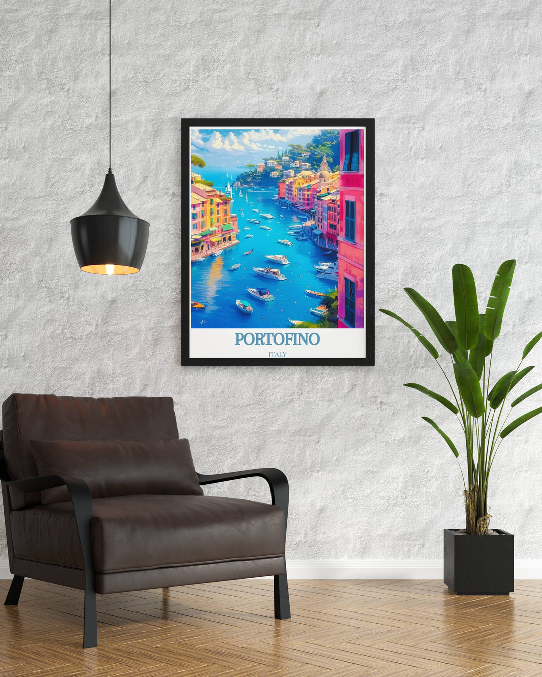 Portofino Poster featuring the idyllic scenery of the Italian Riviera, with its serene harbor and lush greenery, offering a visual escape to this Mediterranean gem.