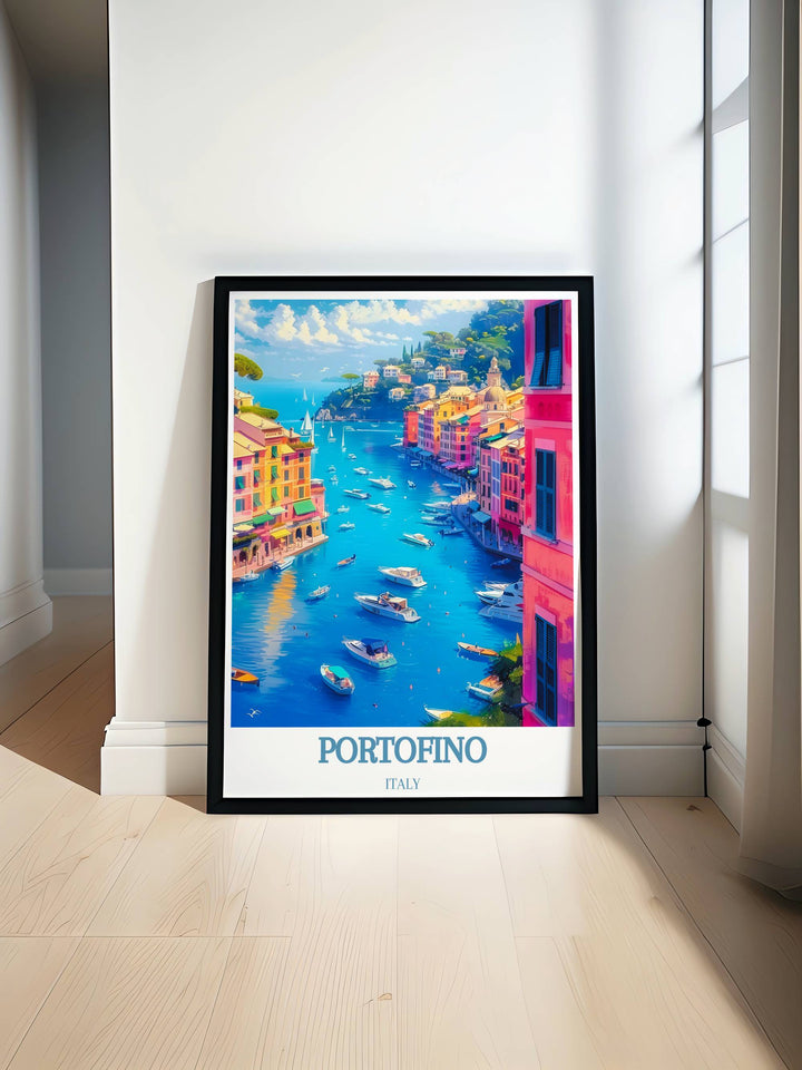 Portofino Fine Art Print showcasing the picturesque harbor with colorful pastel painted houses lining the waterfront, capturing the essence of the Italian Riviera in vibrant detail.