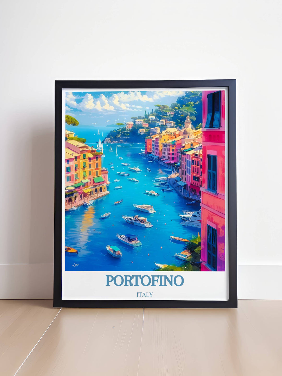 A beautiful Portofino Home Decor piece highlighting the serene ambiance of the village, with luxurious yachts docked in the harbor and lush gardens in the background.