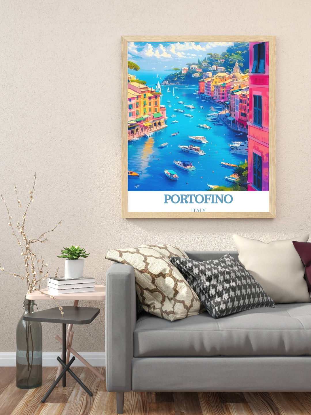 Italian Riviera Wall Art showcasing the picturesque village of Portofino, with its colorful houses and shimmering waters, perfect for adding a touch of elegance to any room.