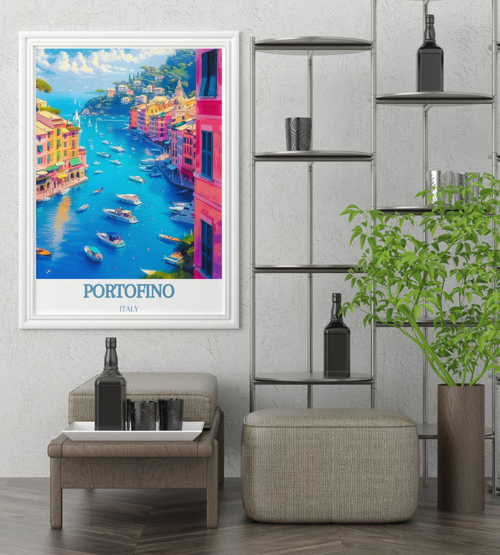 Portofino Print highlighting the vibrant colors and fine lines that bring to life the beauty of this charming Italian village, capturing every detail in stunning clarity.