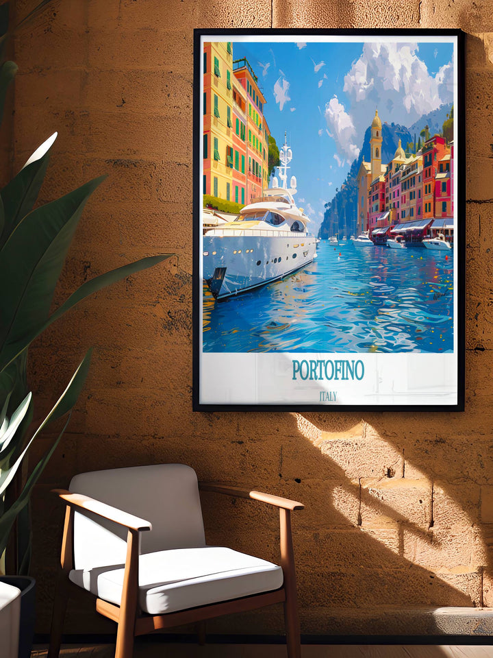 Italian Riviera Wall Art featuring stunning views of Portofino, showcasing the serene harbor and lush landscapes, ideal for adding elegance to any room.