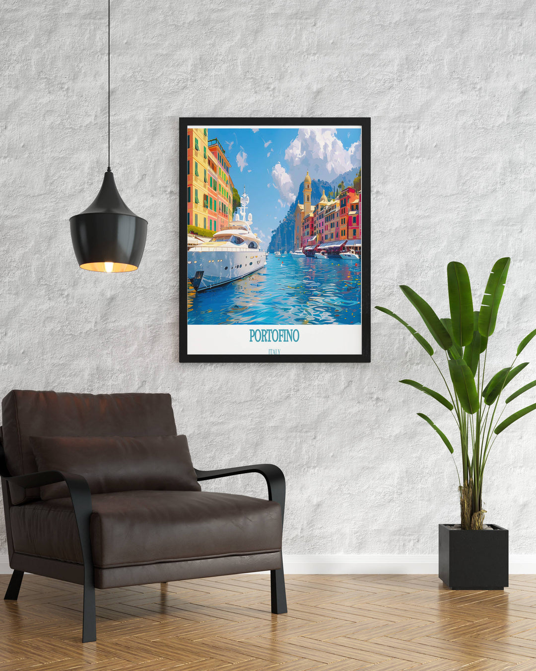 Beautiful Framed Art of Portofino, depicting the serene harbor and colorful houses of this iconic Italian village, ideal for any living space.