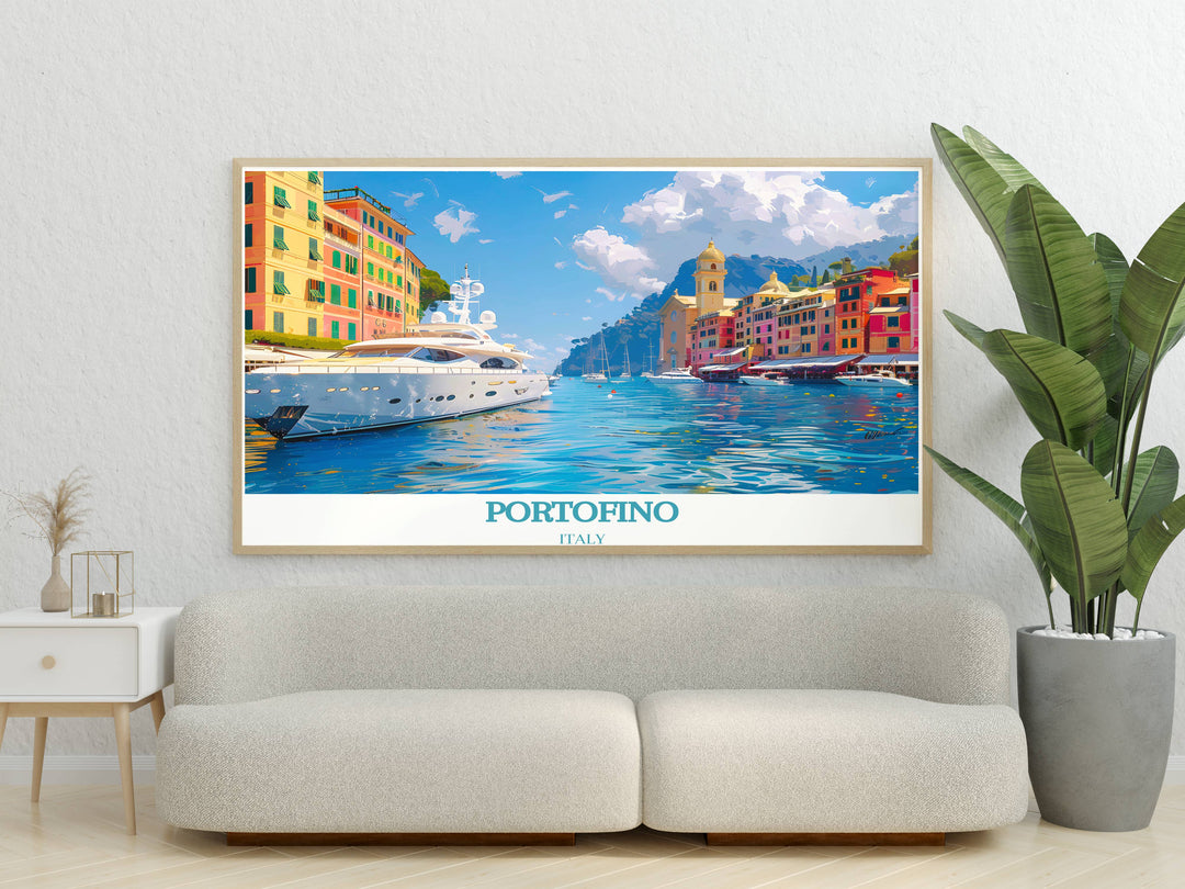 Italian Riviera Art highlights the beauty of Portofino, with prints showcasing the colorful houses, lush landscapes, and tranquil harbor.
