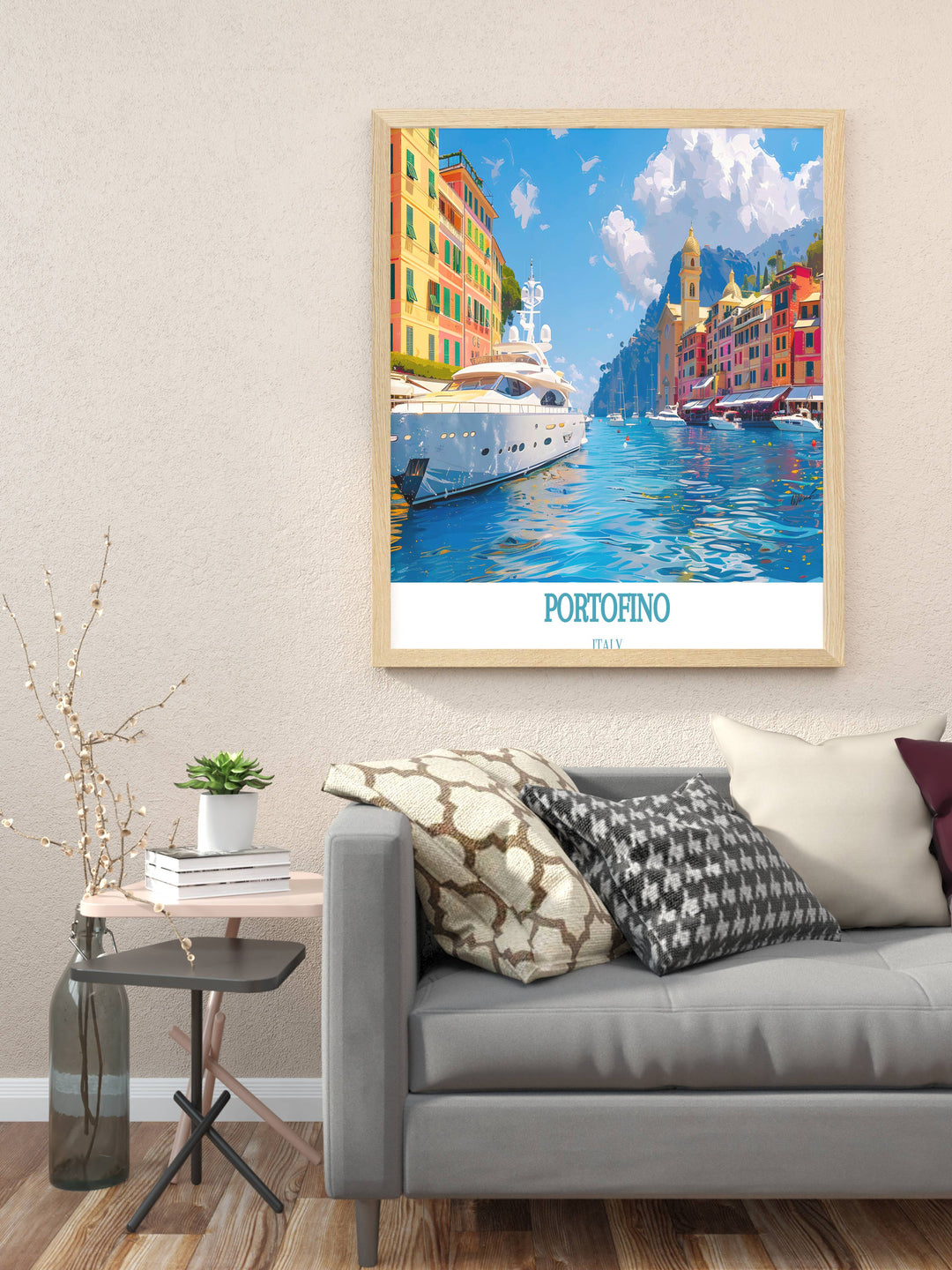 Italian Riviera Art highlighting the beauty of Portofino, with prints showcasing the colorful houses, lush landscapes, and tranquil harbor.