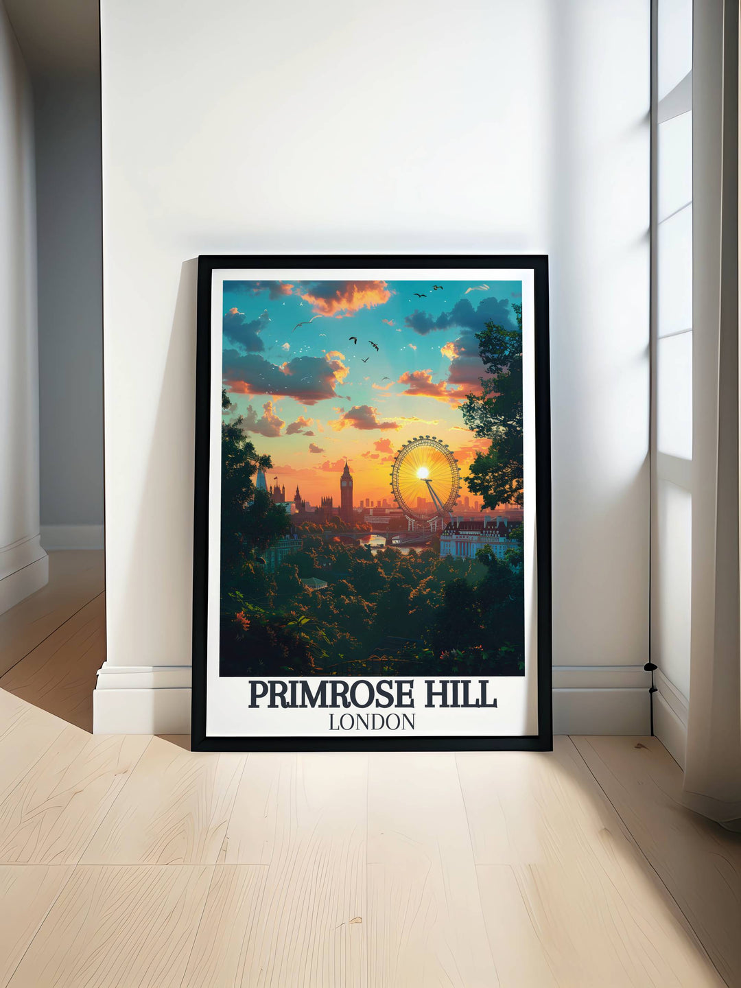 Primrose Hill travel poster showcasing panoramic views of Londons skyline with lush greenery and vibrant atmosphere of Camden Town.