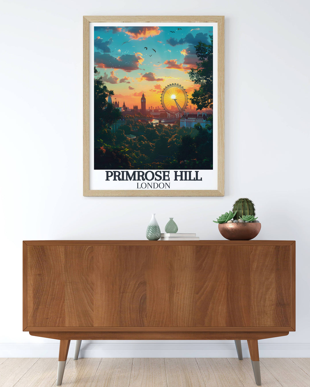 Primrose Hill art print highlighting the serene landscape and iconic views, contrasted with Camden Towns dynamic energy.