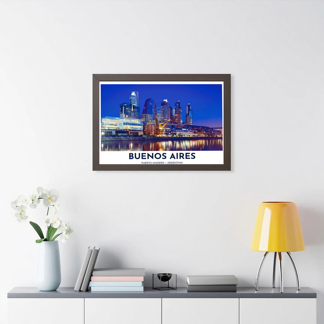Showcasing the sleek modern skyline of central Argentina at night, this Puerto Madero wall art features a long exposure view of glittering glass towers along the waterfront, designed by MapYourDreams across versatile formats including unframed paper, custom frames, and canvas wraps.